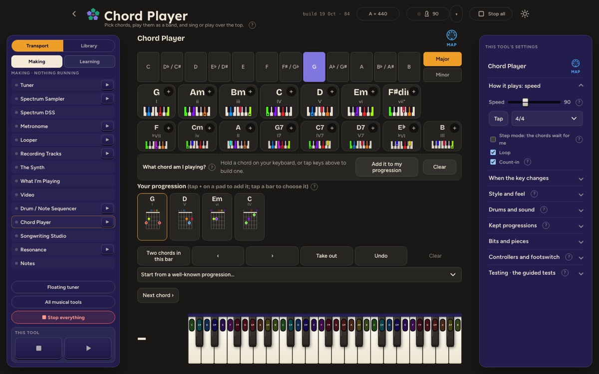 The Chord Player: chords from a key, a progression of four bars, and a keyboard