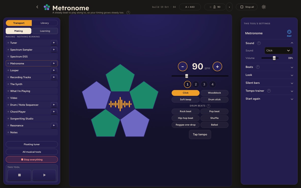 The Metronome: a five-petal flower that lights with the beat, and the tempo controls